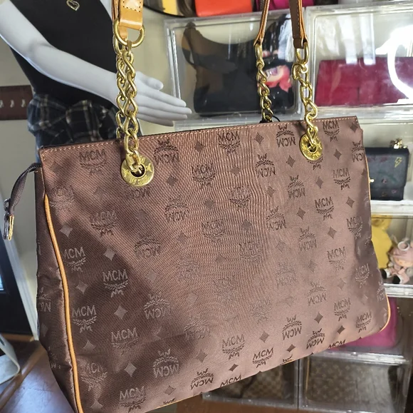 MCM Vintage Large Visetos Monogram Chain Tote Bag – Brown Nylon & Gold Hardware - Picture 2 of 13